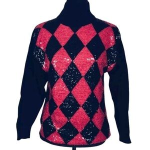 vintage 90s angora silk sequin  & beaded red & black argyle mock neck sweater .